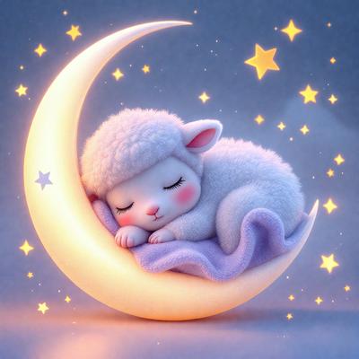The primary subject of the image is a cute, sleeping lamb. The lamb is resting on a moon, which serves as the setting or background of the image. The visual style of the image is digital art, as it is a well-crafted and detailed illustration. The colors and mood of the image are predominantly white and soft, creating a peaceful and serene atmosphere.